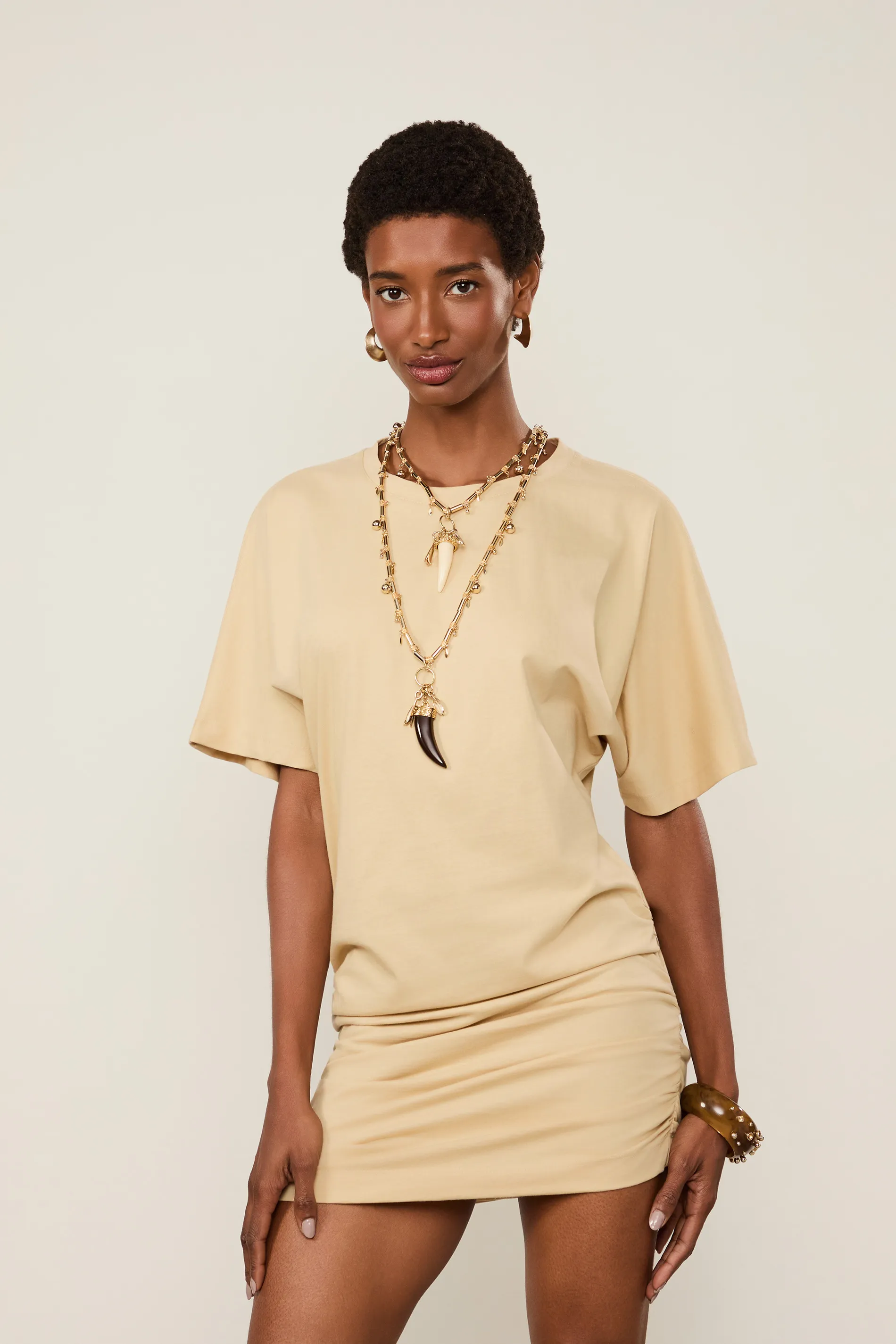 Vestido De Malha Blusado  Com Detalha Franzido Bege — foto 4