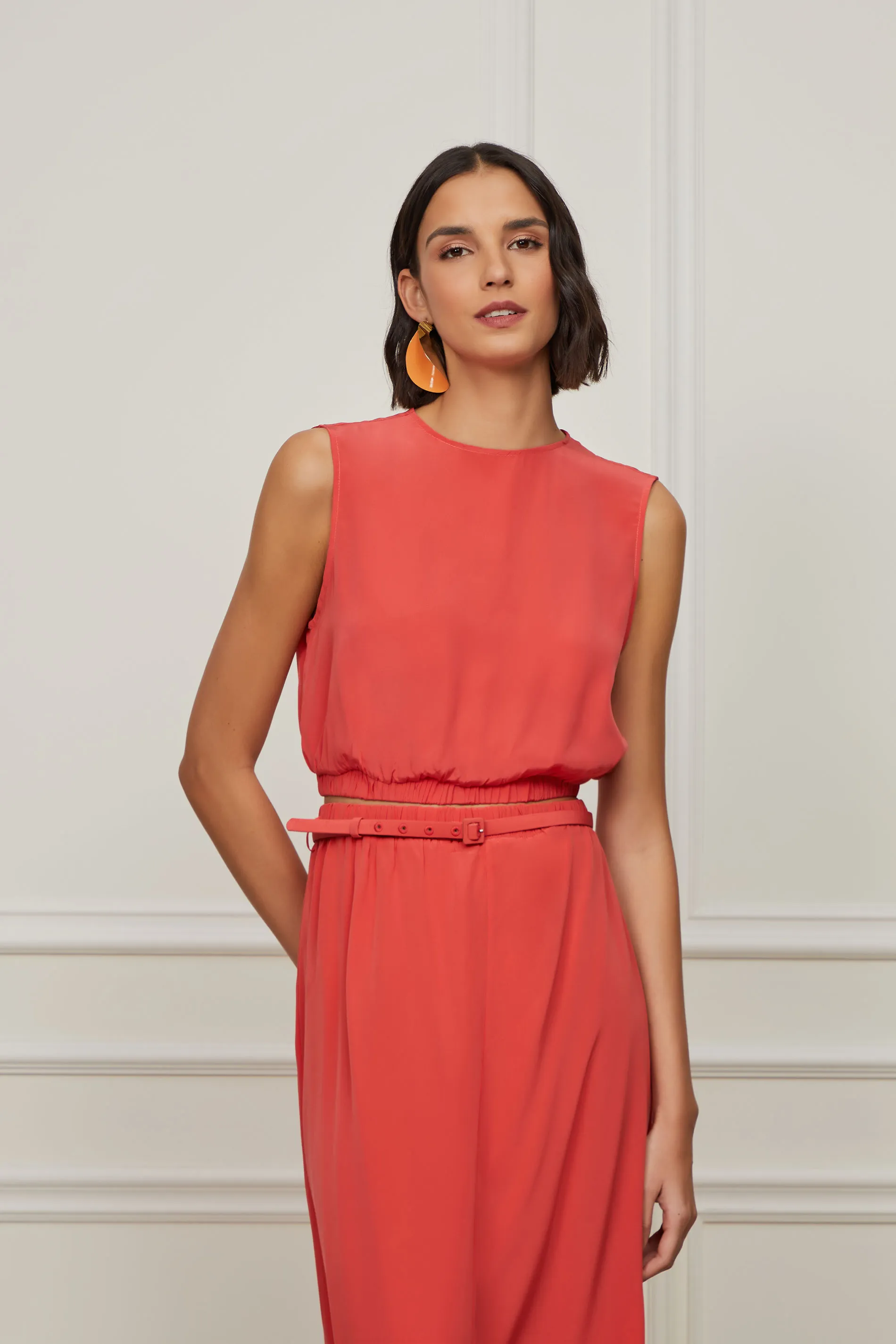 Top De Seda Cropped Coral Barra Com Elástico — foto 3