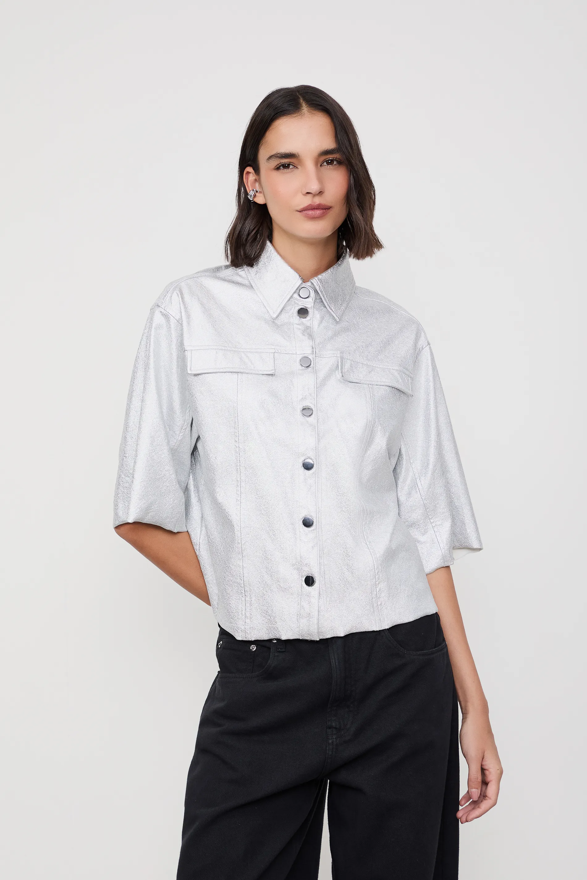 Camisa Like Leather De Brilho Manga 3/4