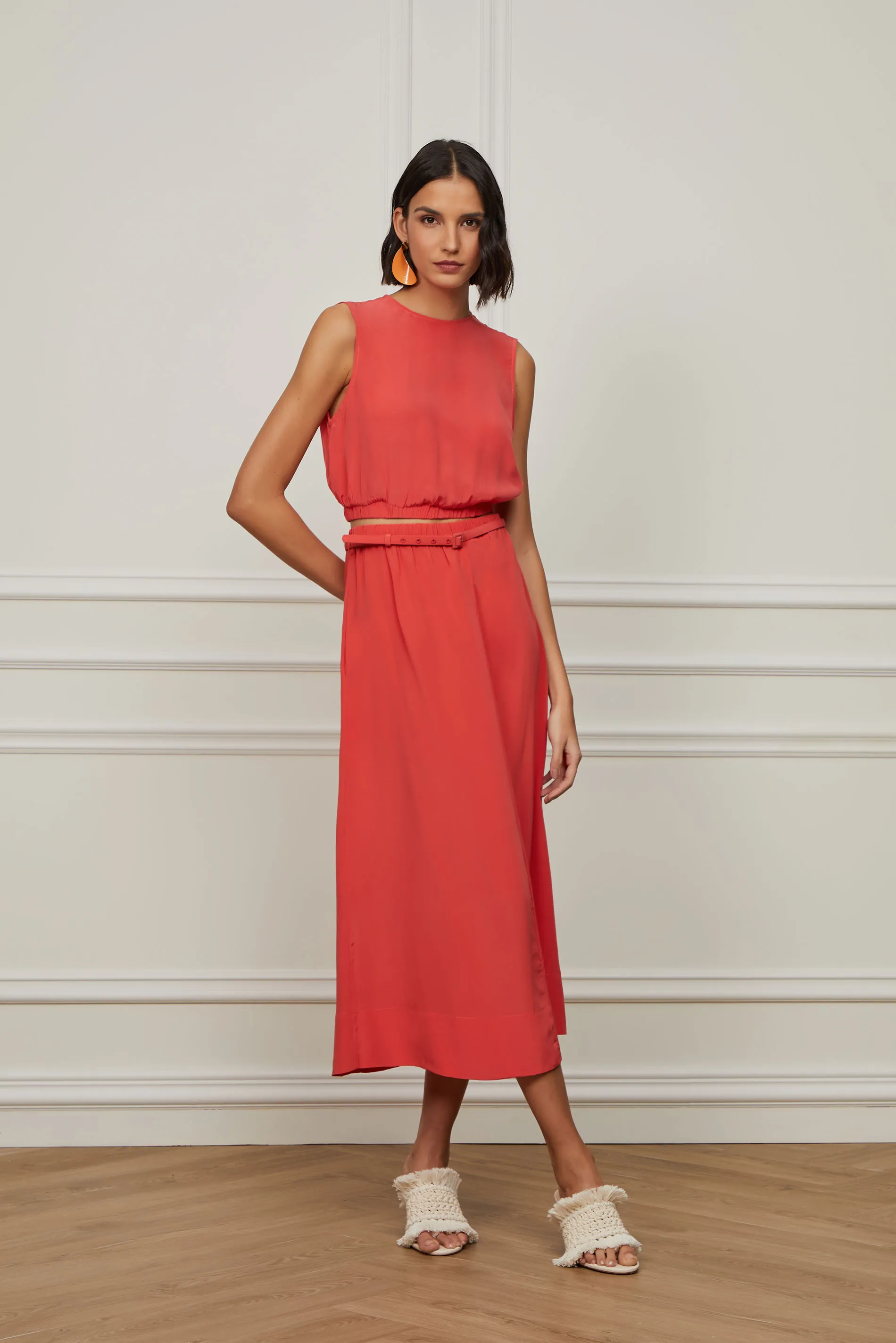 Top De Seda Cropped Coral Barra Com Elástico