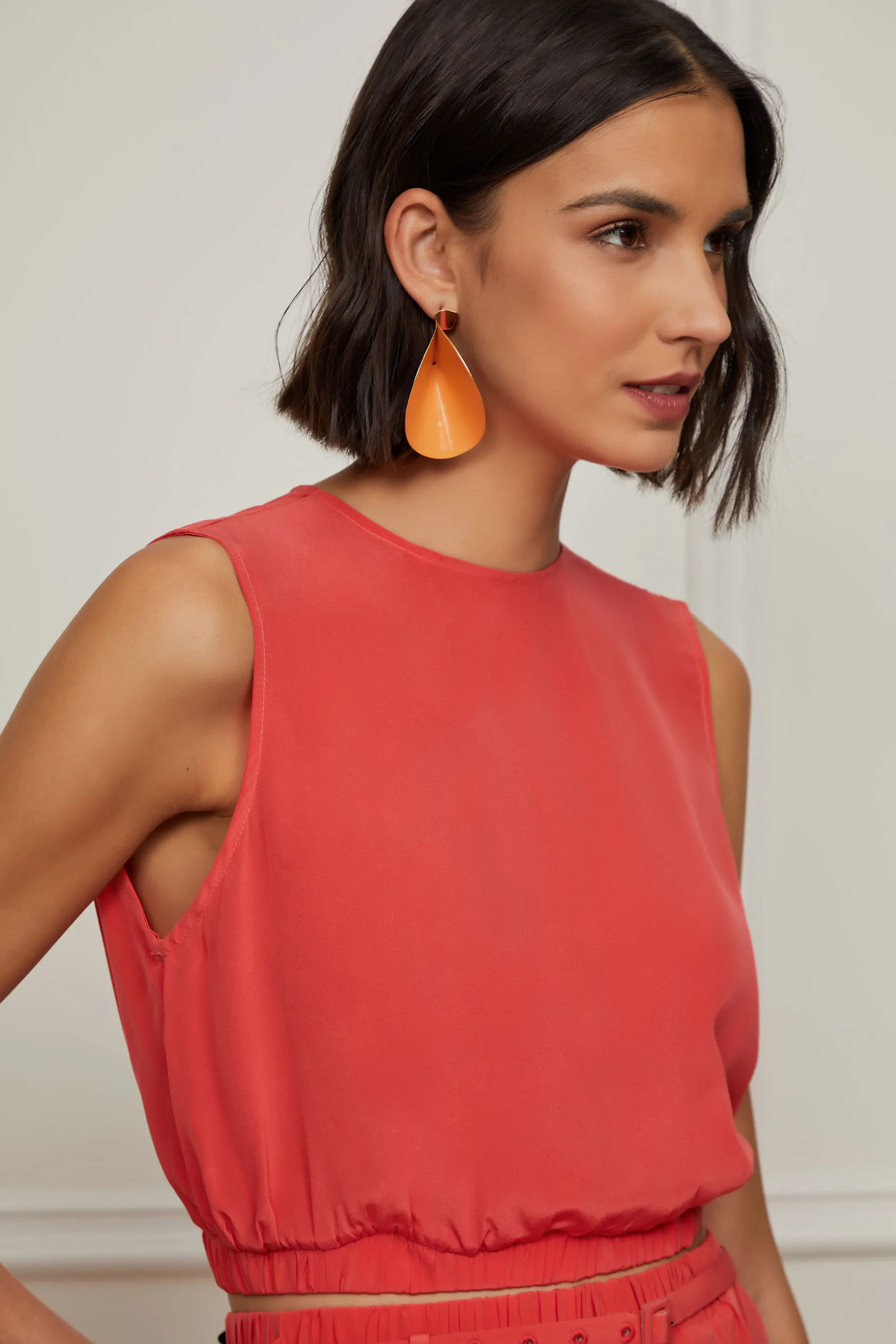 Top De Seda Cropped Coral Barra Com Elástico — foto 2