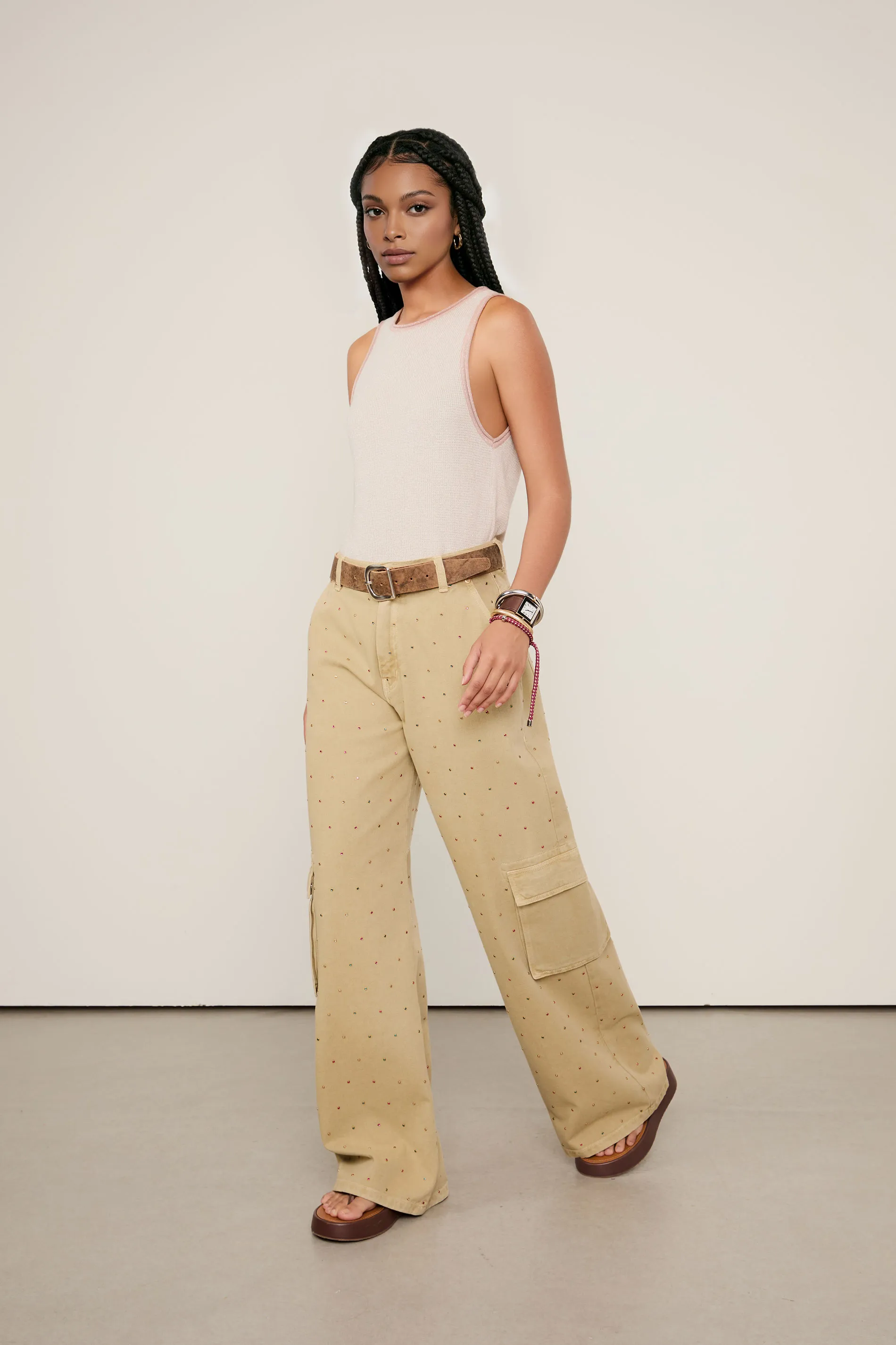 Calça Sarja Wide Leg Strass Color