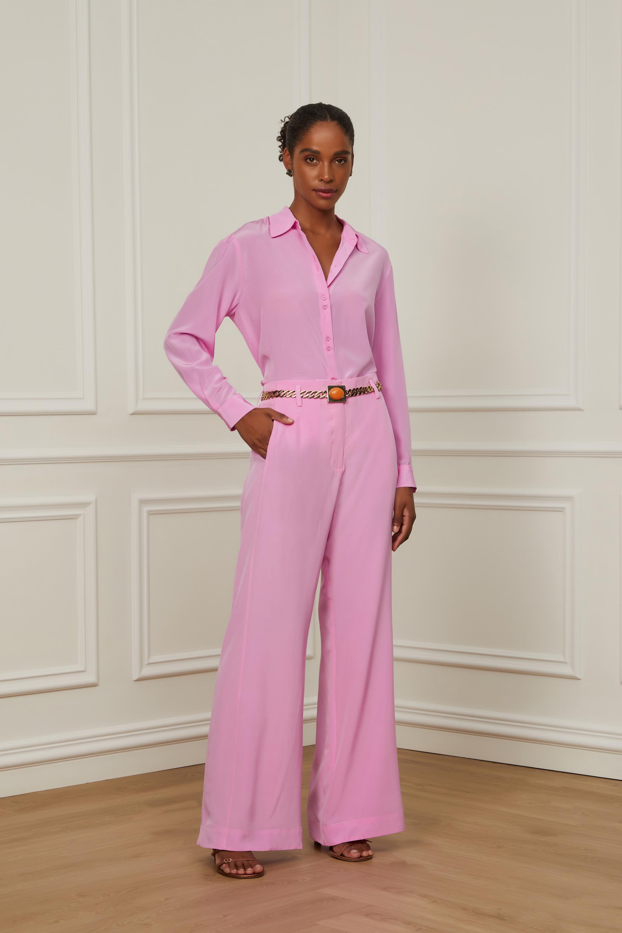Calça De Seda Com Recorte Rosa Ciclamen