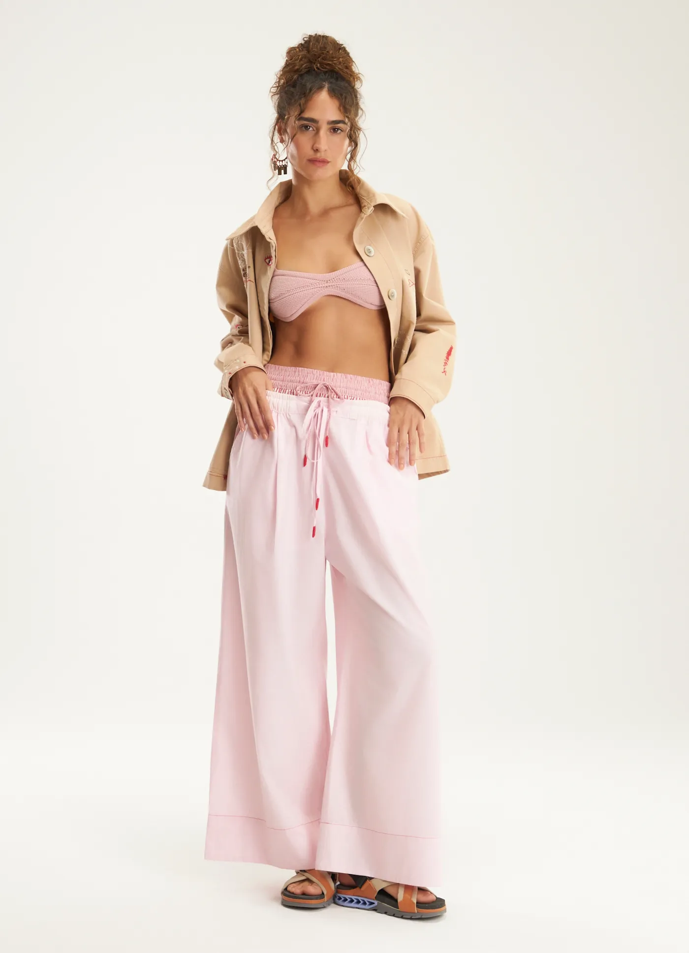 Calça maxi algodão tricoline rosa