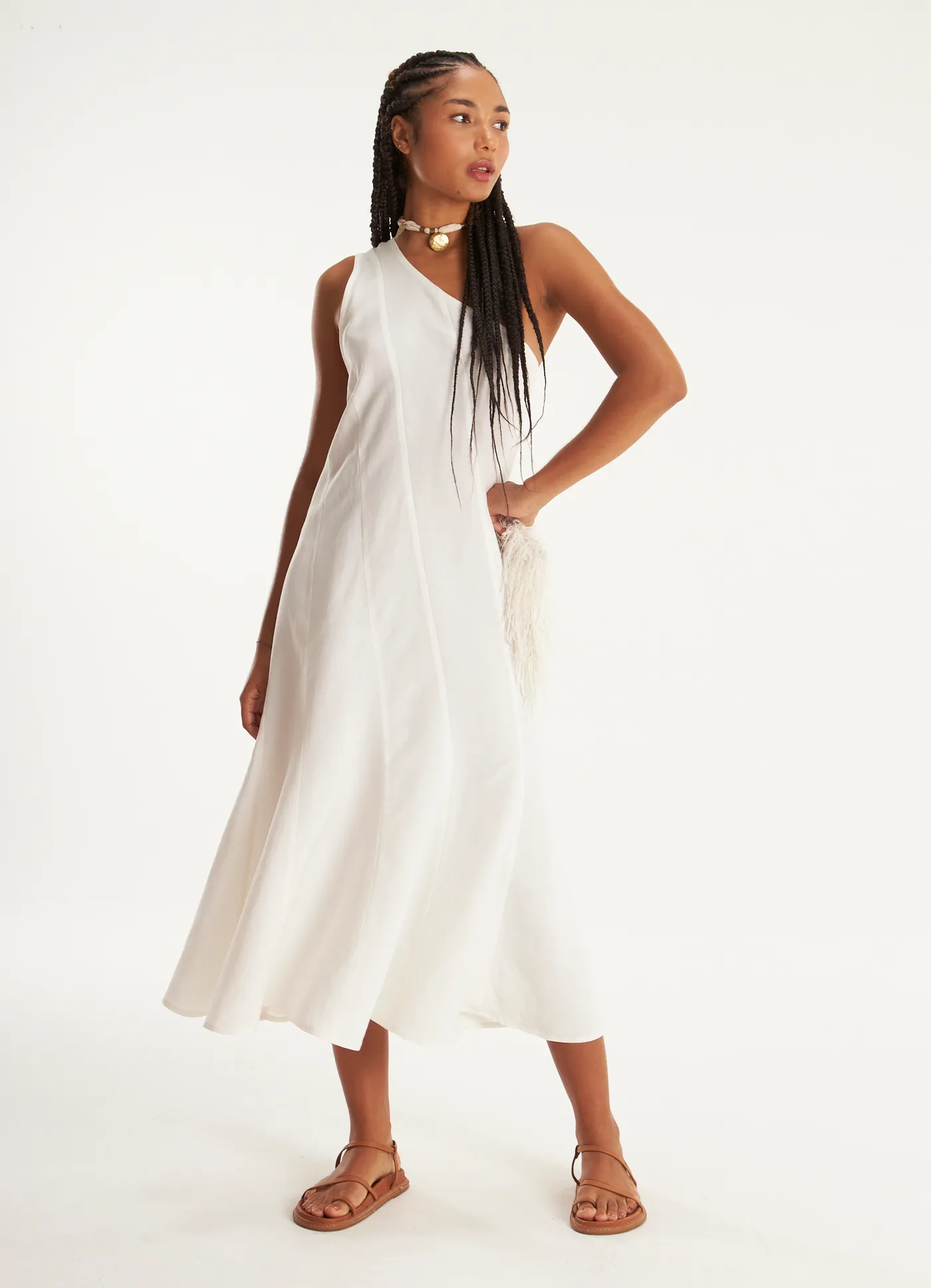 Vestido ombro linho oásis off white