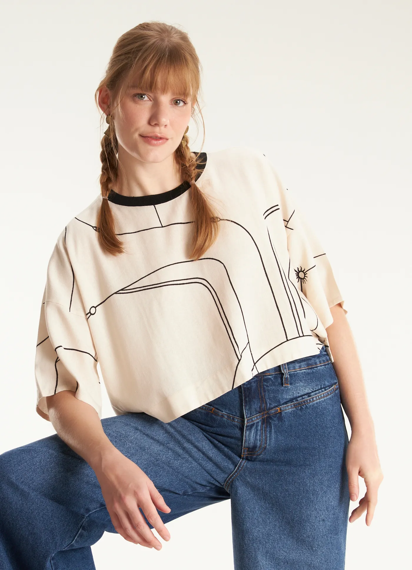 Blusa linho box estampada elipse