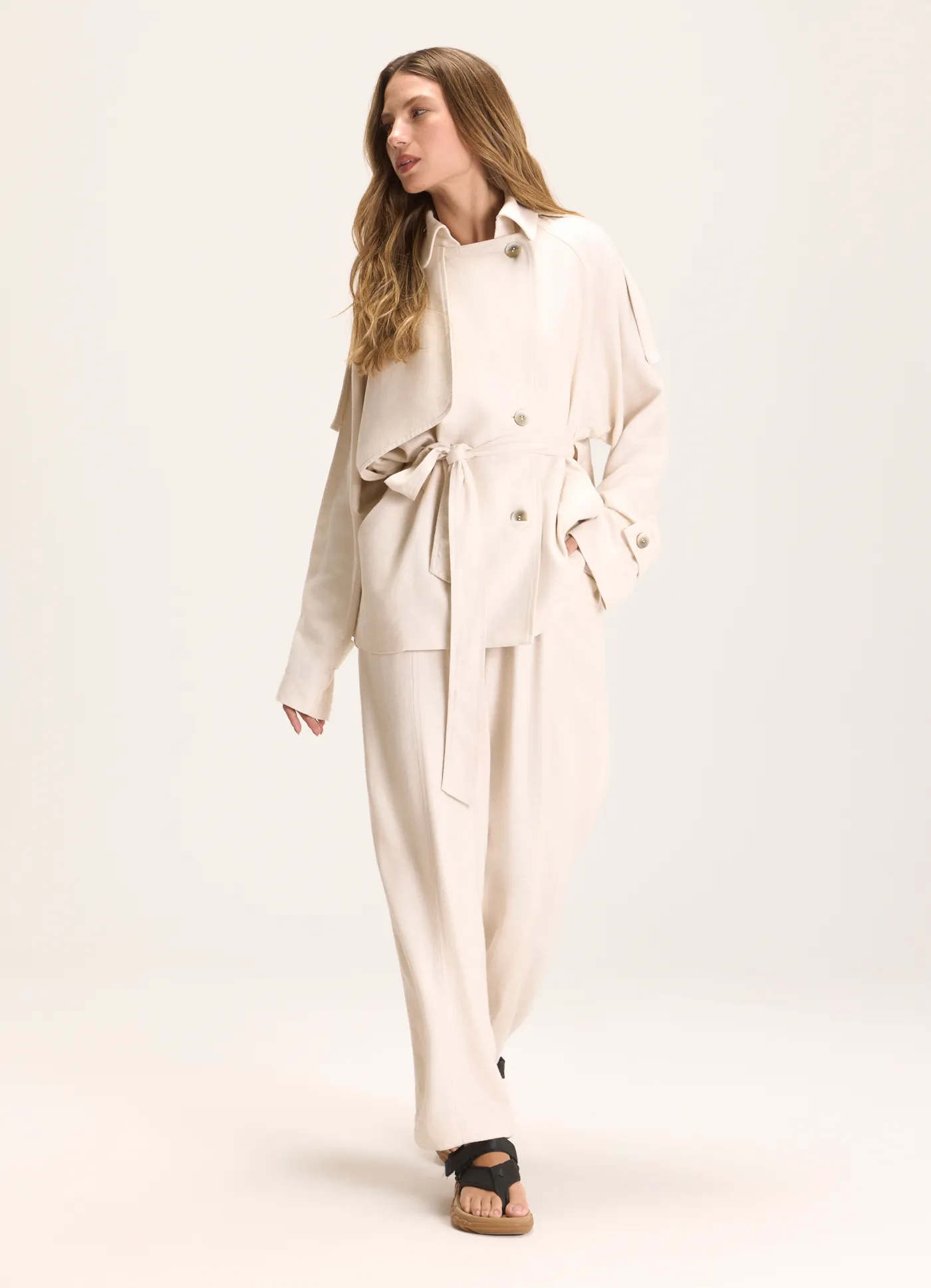 Calca barrel linho textura off white