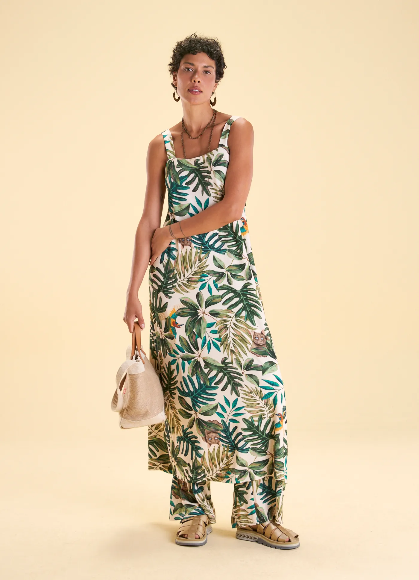 Vestido alça malha estampado jardim tropical off white
