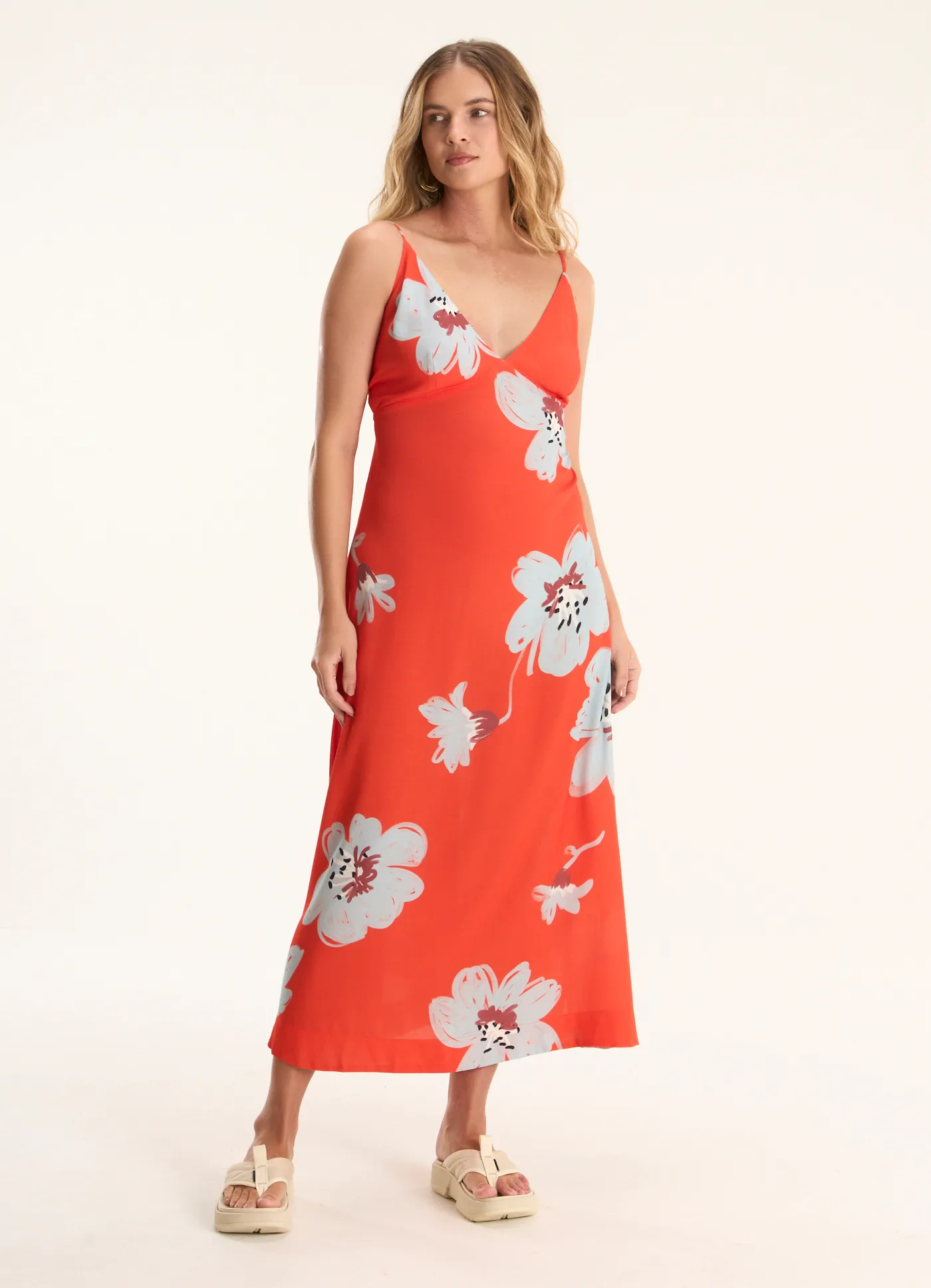 Vestido alcinha estampado papoula