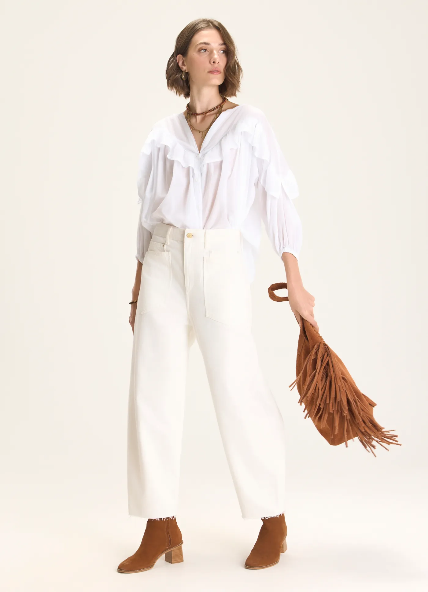 Calça sarja barrel branco
