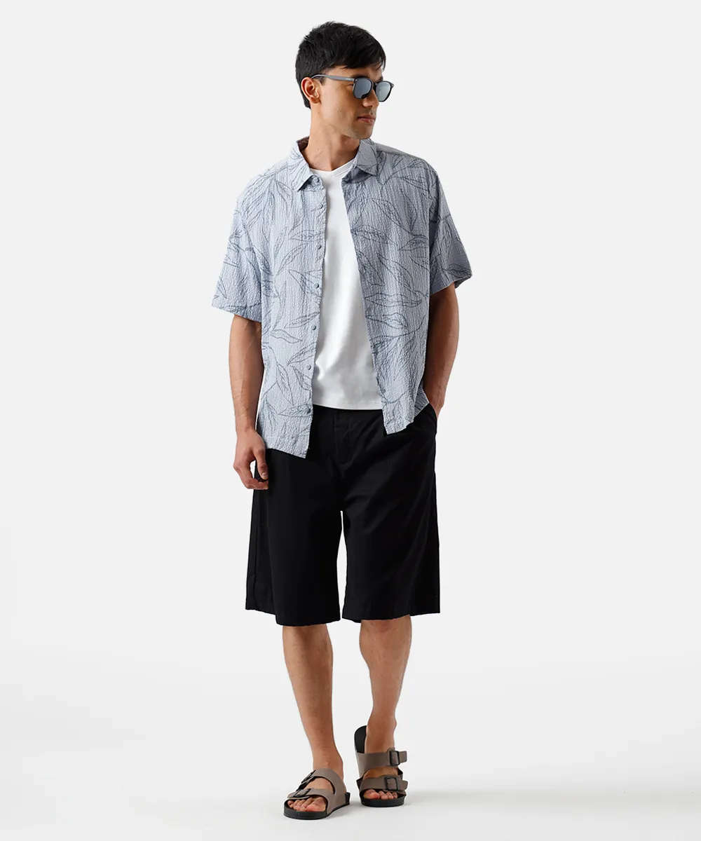 camisa masculina manga curta folhagens texturizada azul — foto 3