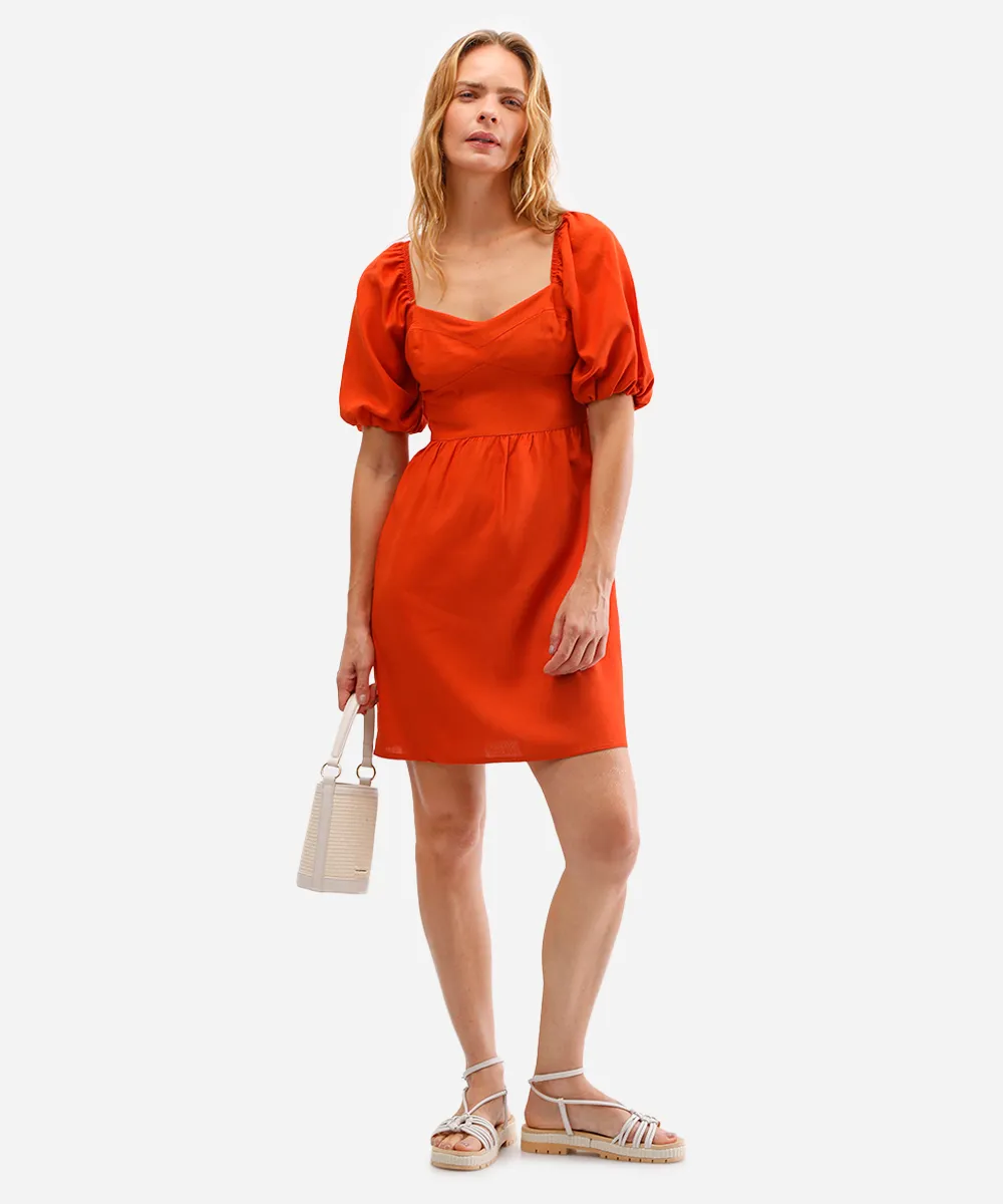 vestido curto com linho manga bufante laranja — foto 3