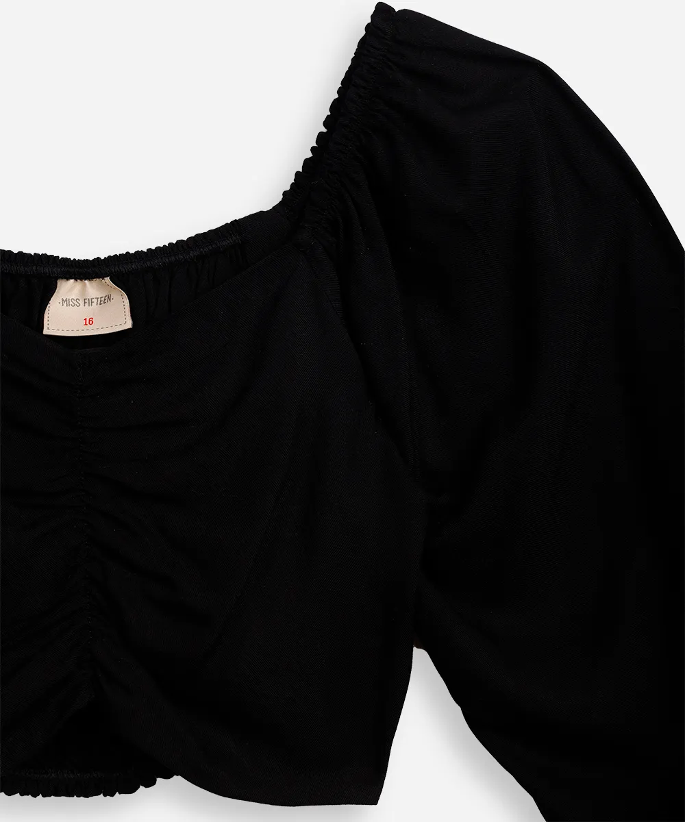 cropped de viscose juvenil manga bufante com franzido preto — foto 3