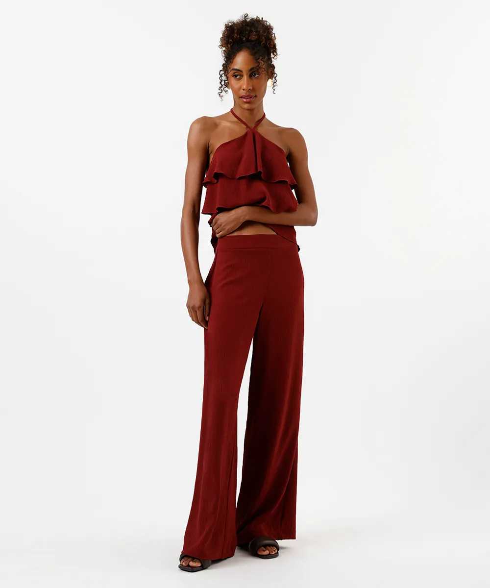 calça reta feminina texturizada vinho