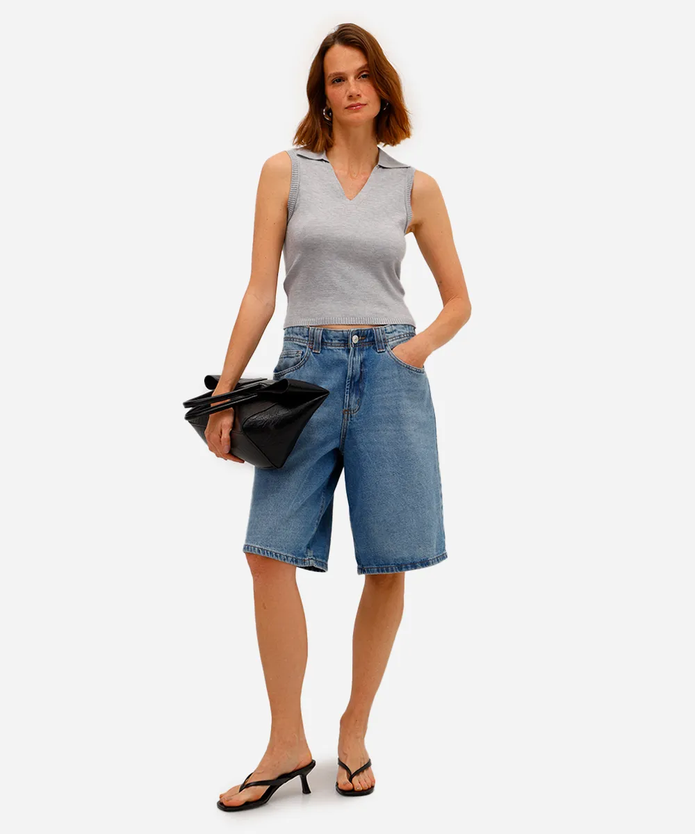 polo feminina de tricot sem manga cinza — foto 3