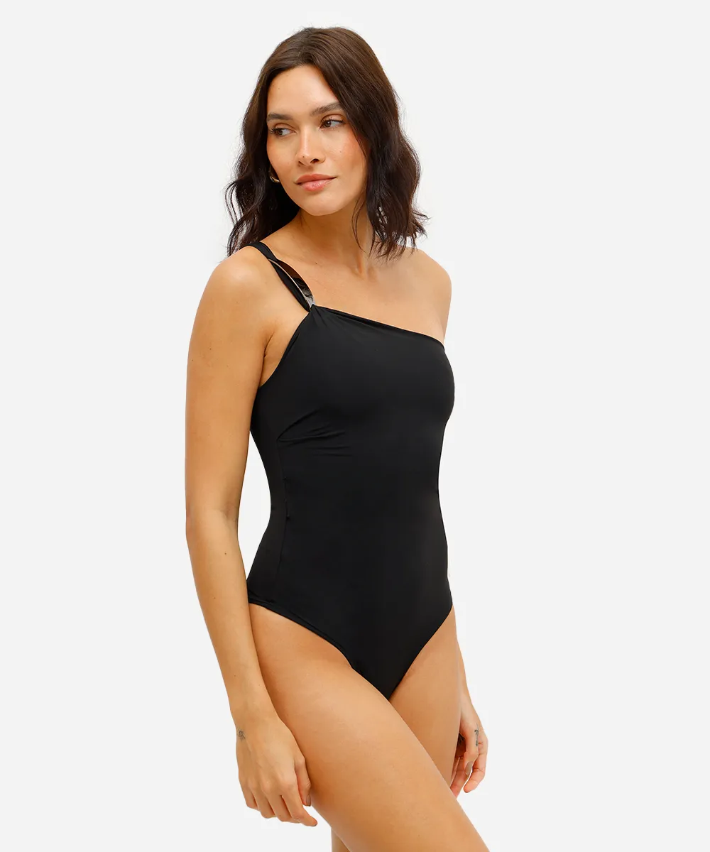 body ombro único feminino de poliamida com pregas preto — foto 2