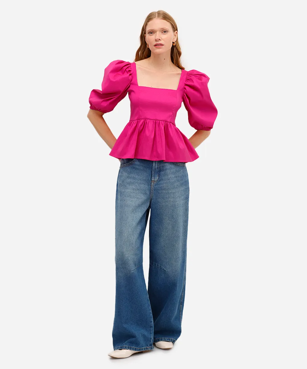 blusa peplum feminina manga bufante rosa — foto 3