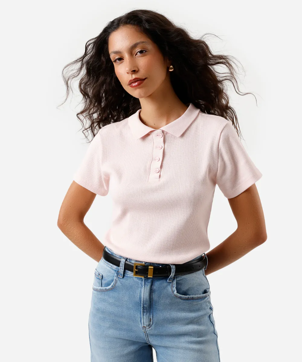 polo feminina de tricot manga curta rosa