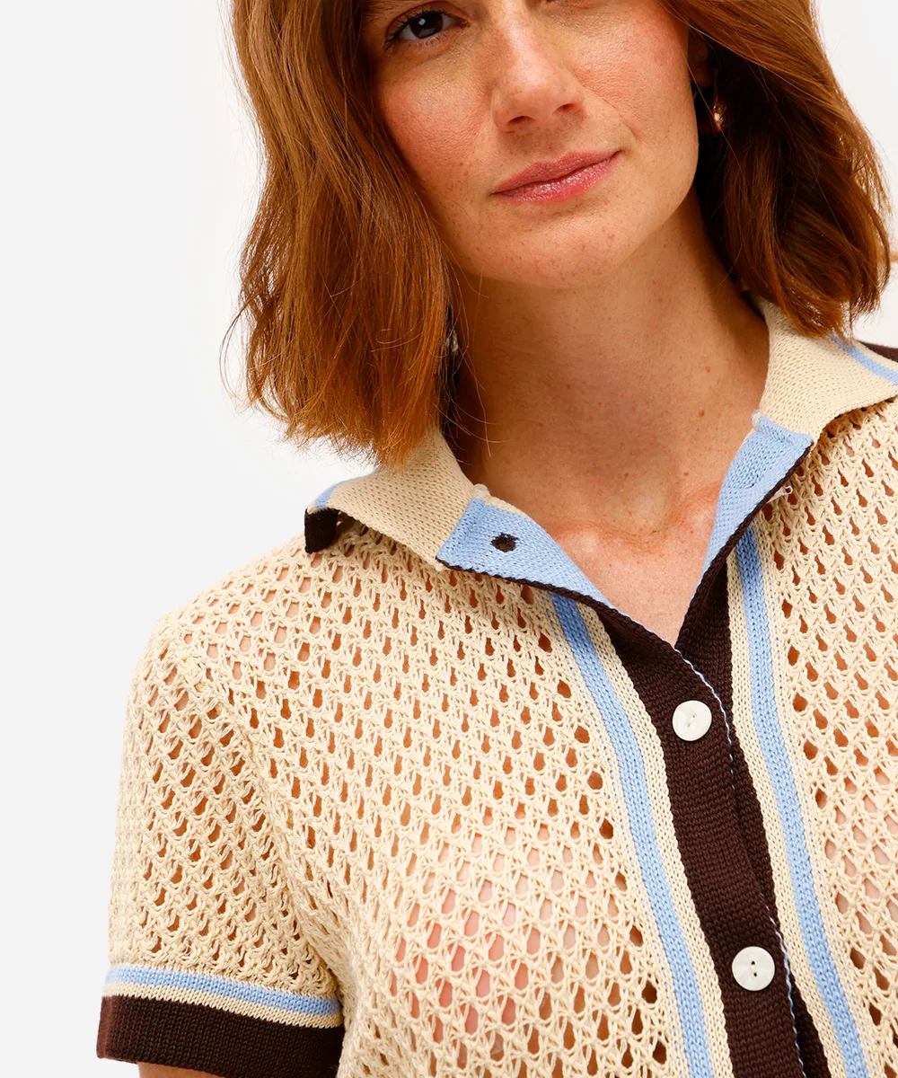 cardigan feminino de tricot manga curta com listras bege — foto 4