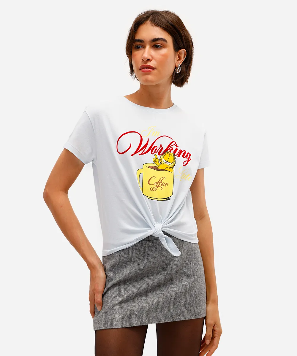 camiseta feminina de algodão garfield com amarração azul