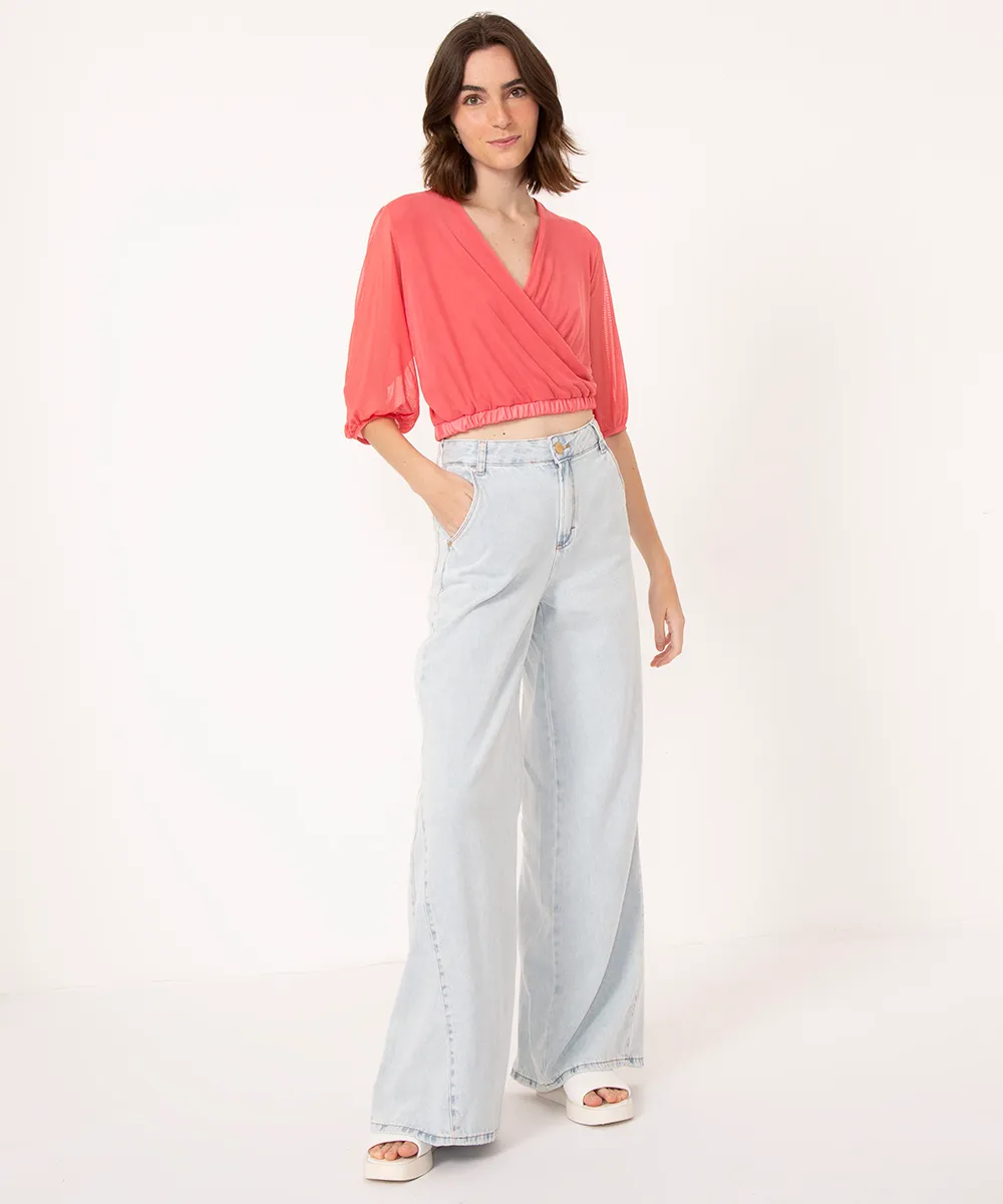 blusa de tule decote v transpassado manga bufante coral — foto 3