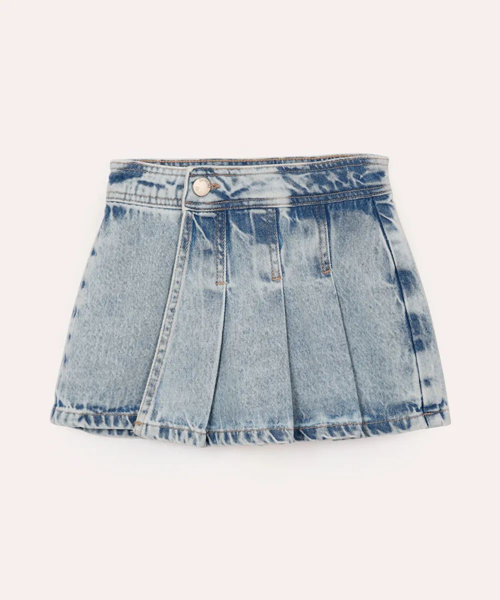 short saia infantil jeans plissado transpassado azul — foto 2