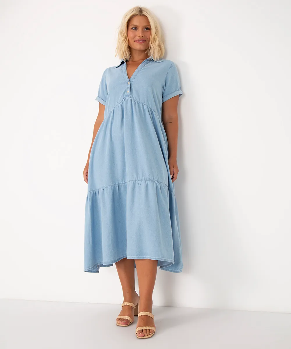 vestido midi jeans com recortes manga curta azul claro — foto 3