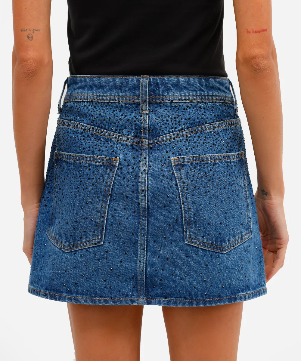 minissaia feminina jeans com brilhos azul — foto 3