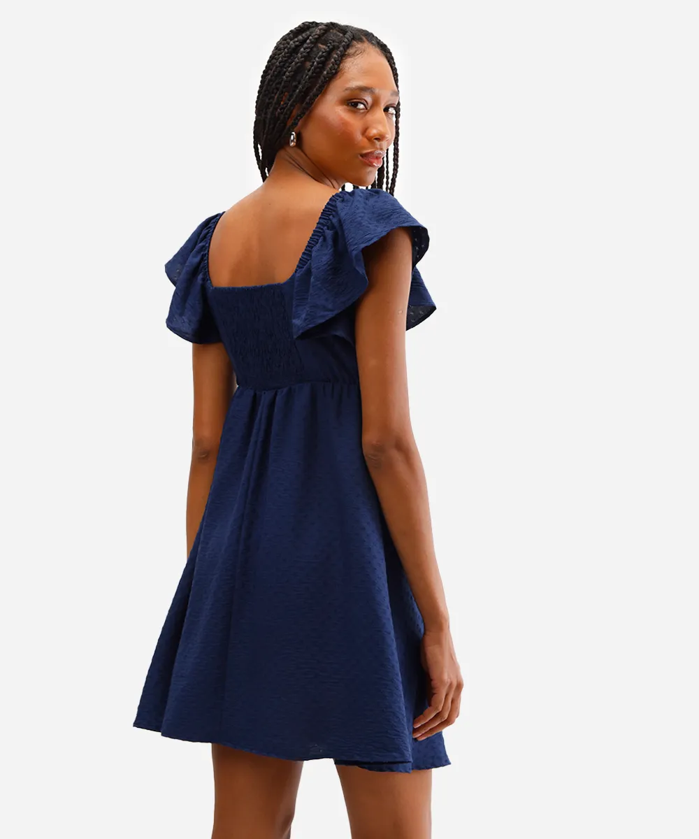 vestido curto feminino texturizado manga bufante azul — foto 2