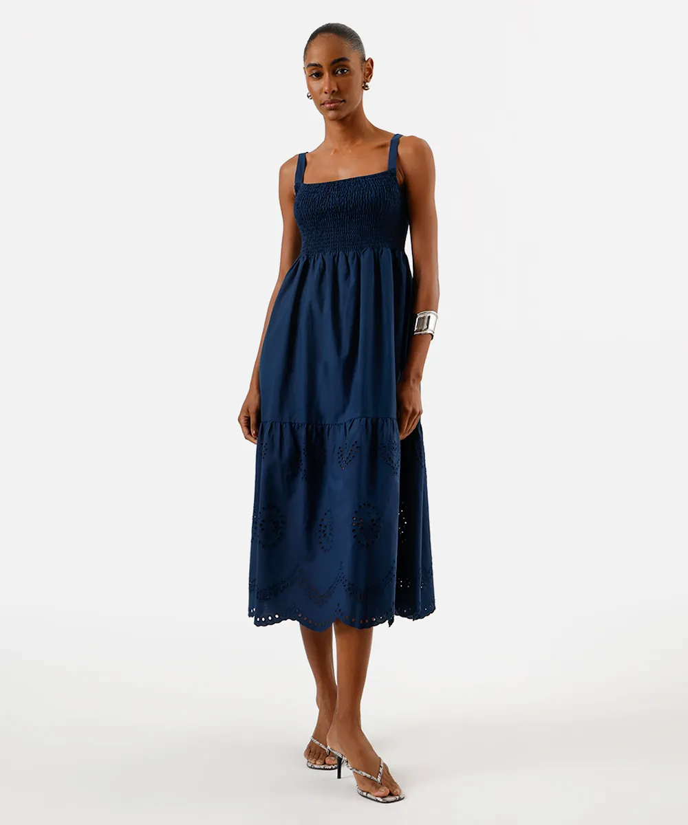 vestido midi feminino de algodão com bordado azul — foto 3