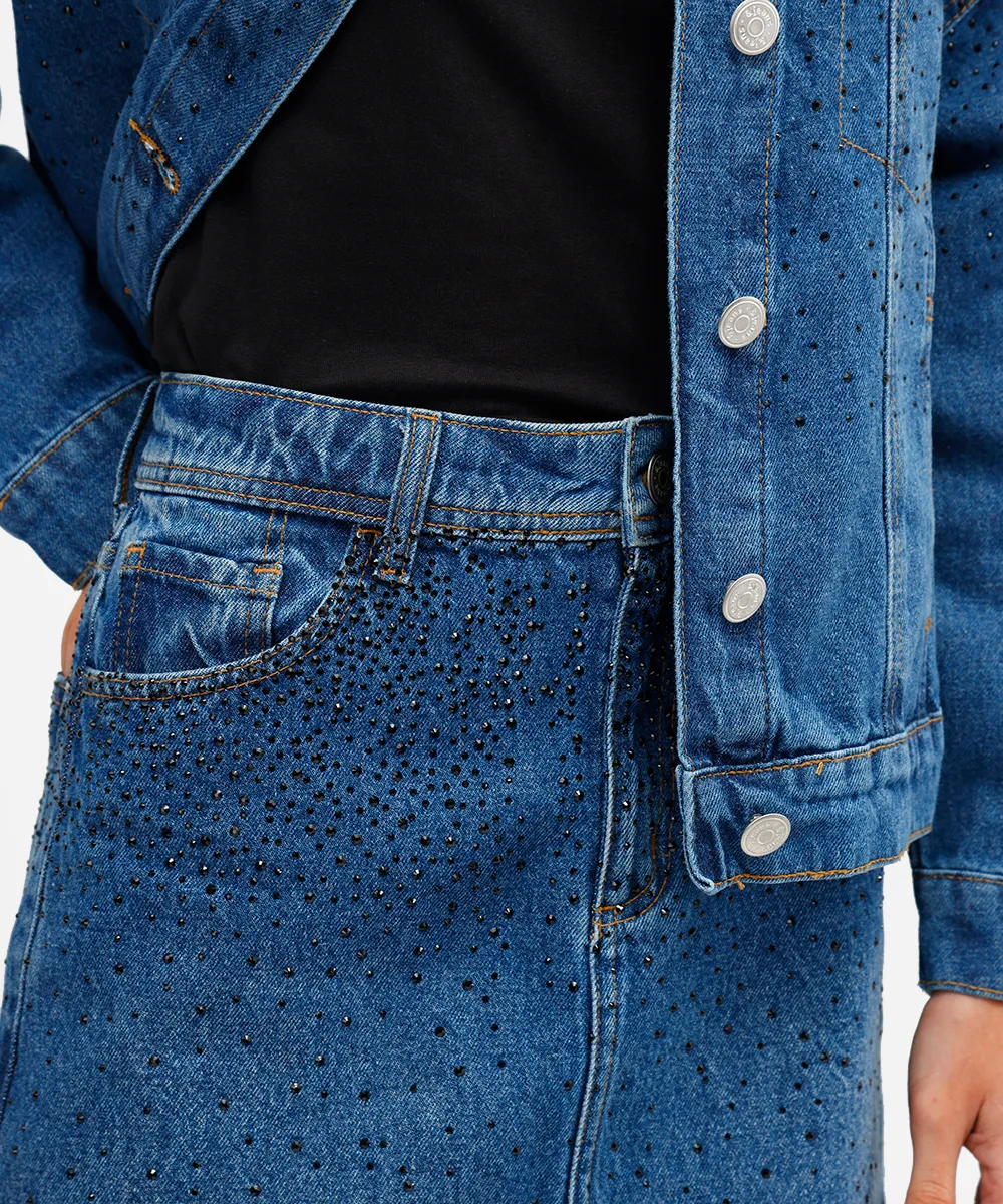 minissaia feminina jeans com brilhos azul — foto 4