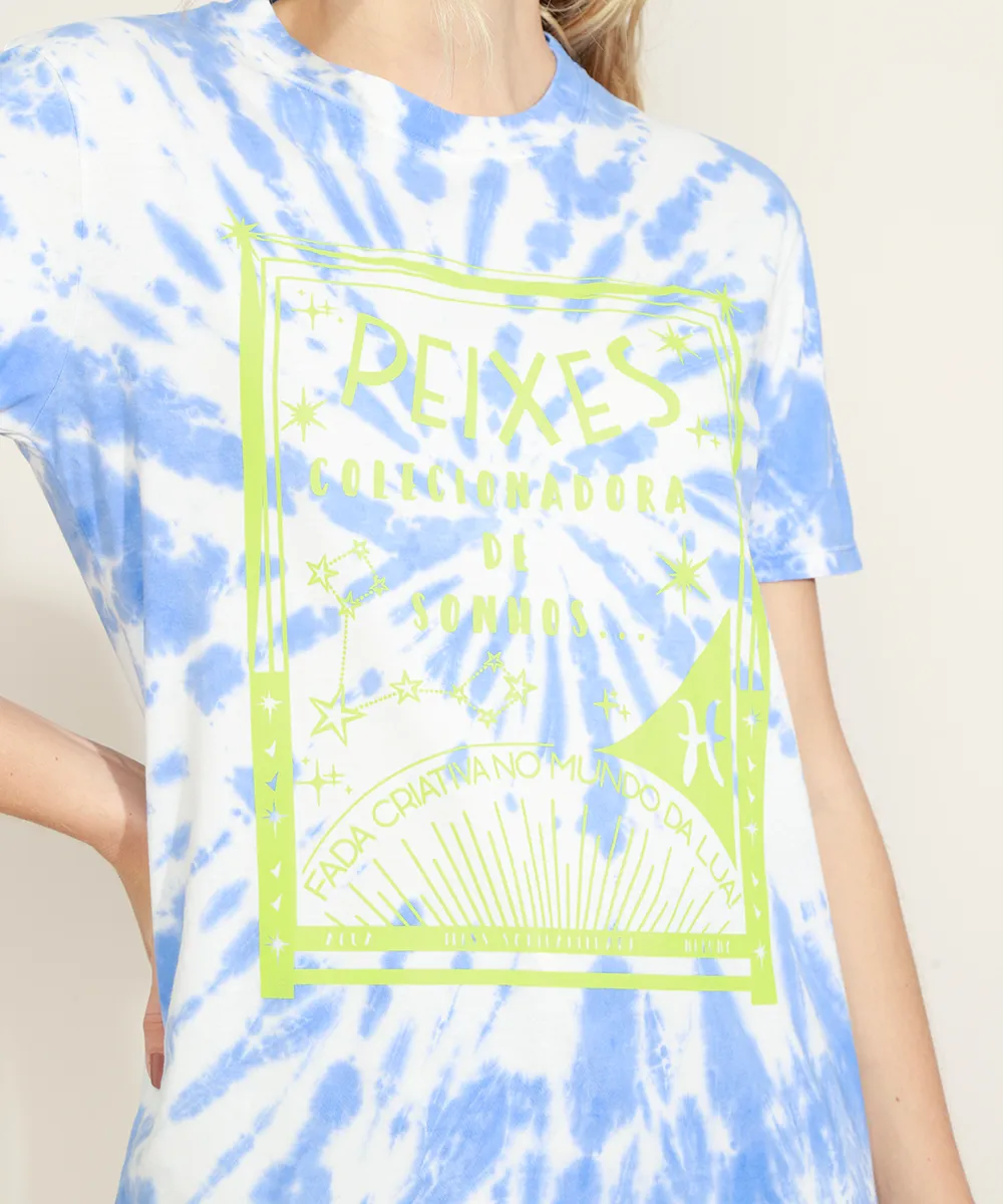 Blusa Feminina Signo Peixes Estampada Tie Dye Manga Curta Decote Redondo Azul — foto 6