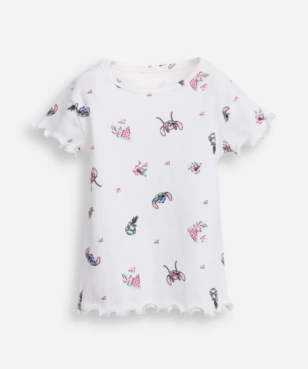 camiseta de algodão infantil manga curta angel e stitch off white
