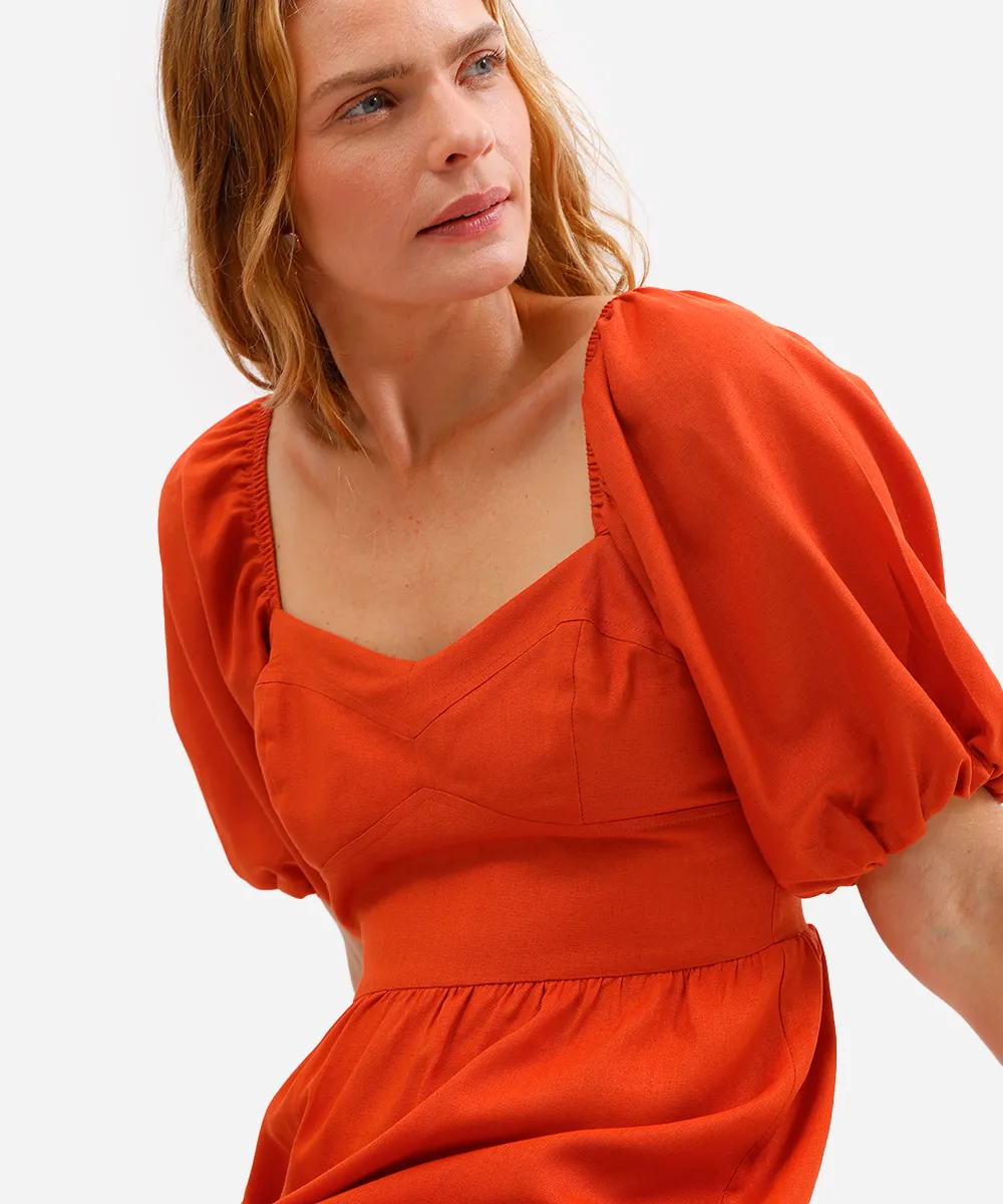 vestido curto com linho manga bufante laranja — foto 4