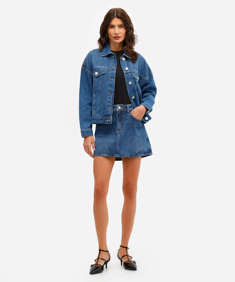 minissaia feminina jeans com brilhos azul