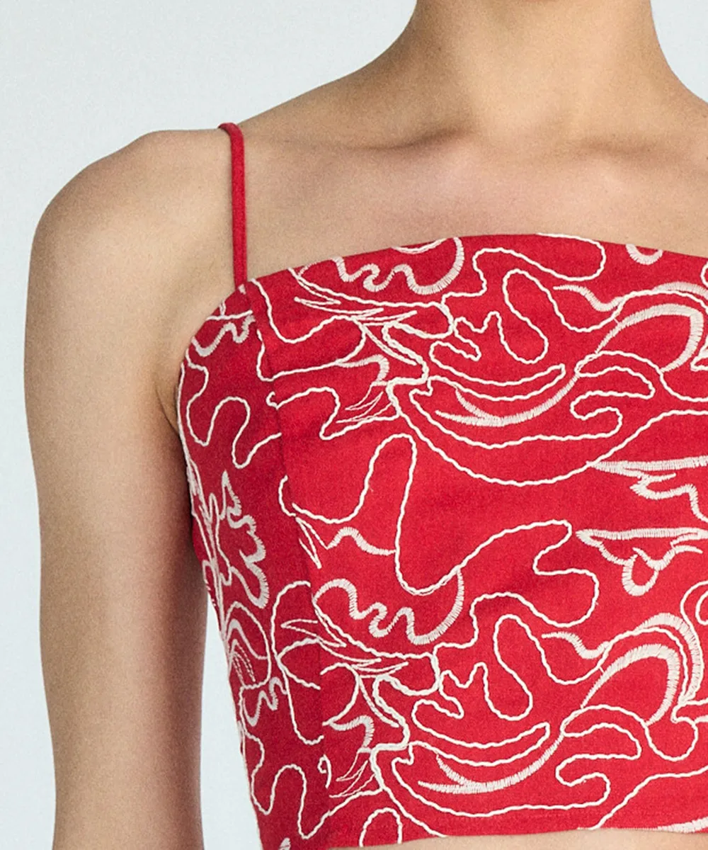 cropped alça fina feminino com linho bordado vermelha — foto 4