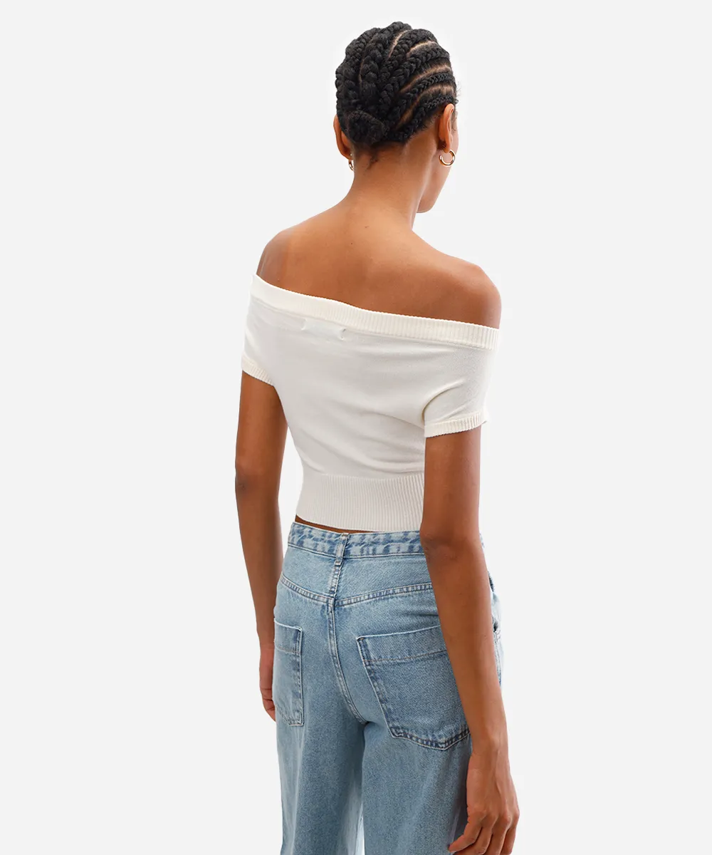cropped feminino de tricot ombro a ombro off white — foto 2