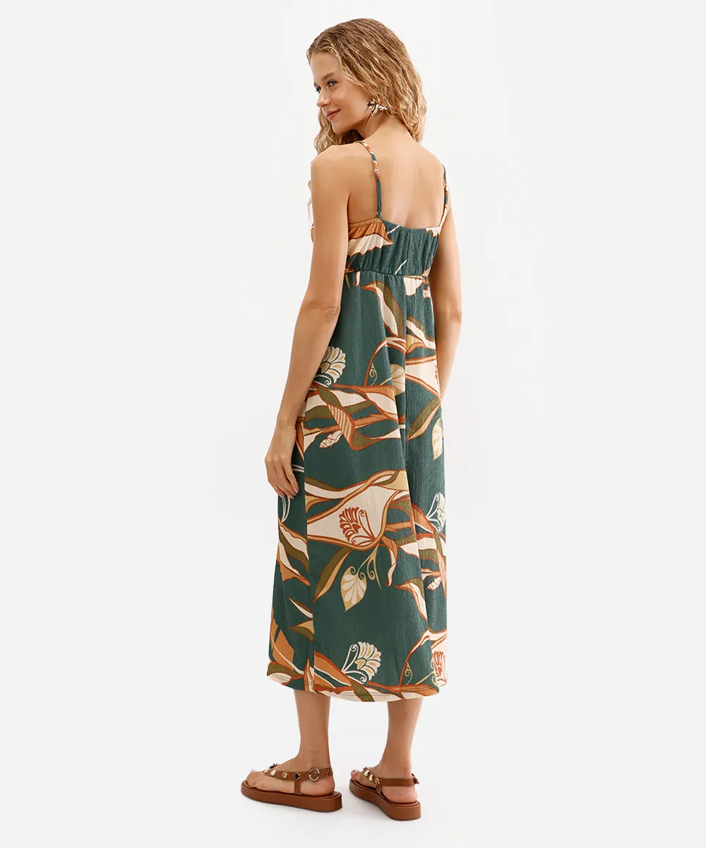 vestido midi feminino animal floral texturizado verde — foto 2