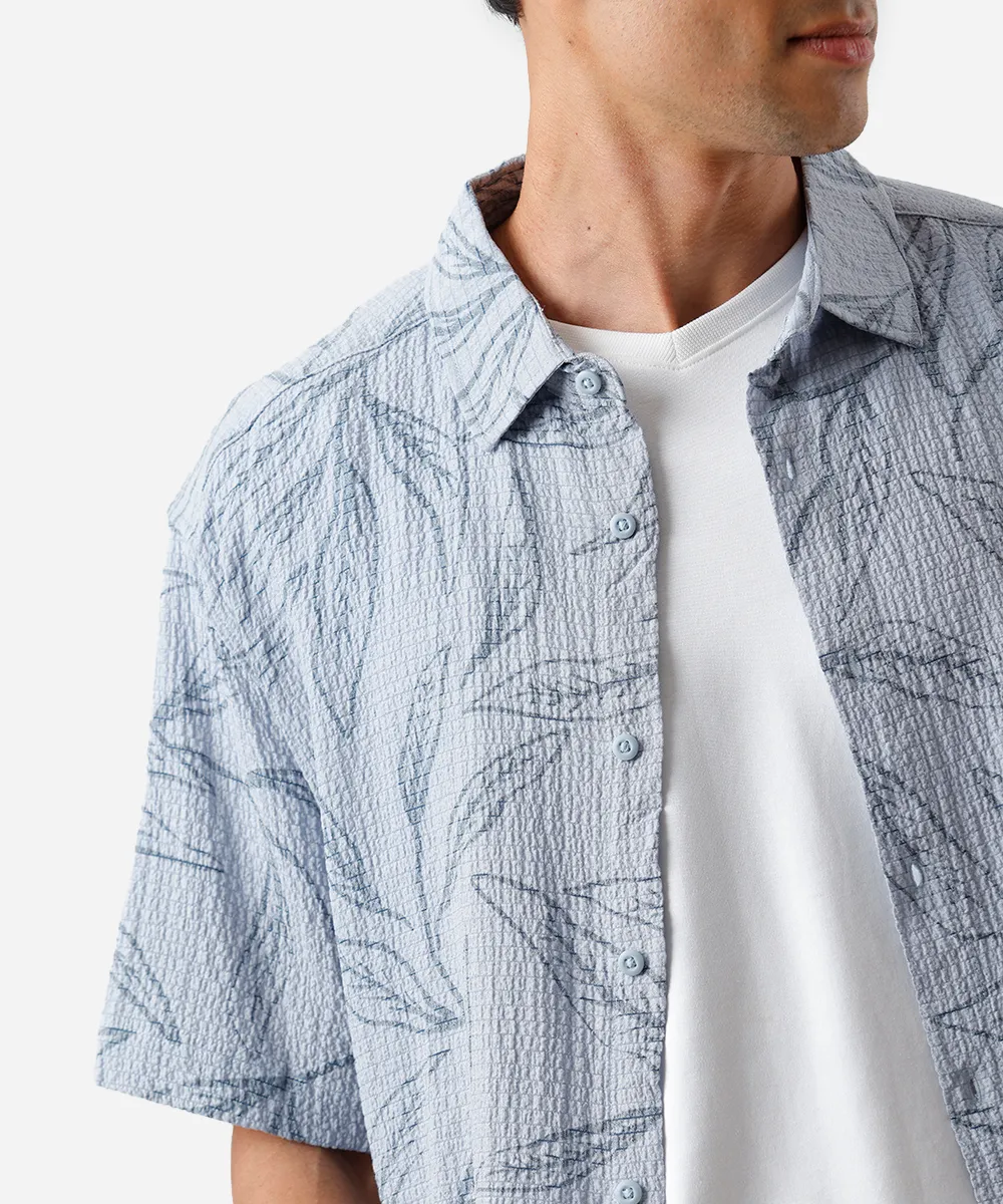 camisa masculina manga curta folhagens texturizada azul — foto 4