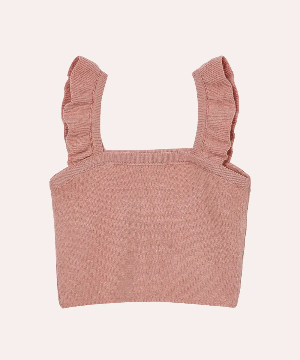cropped infantil de tricot alça babado rosa