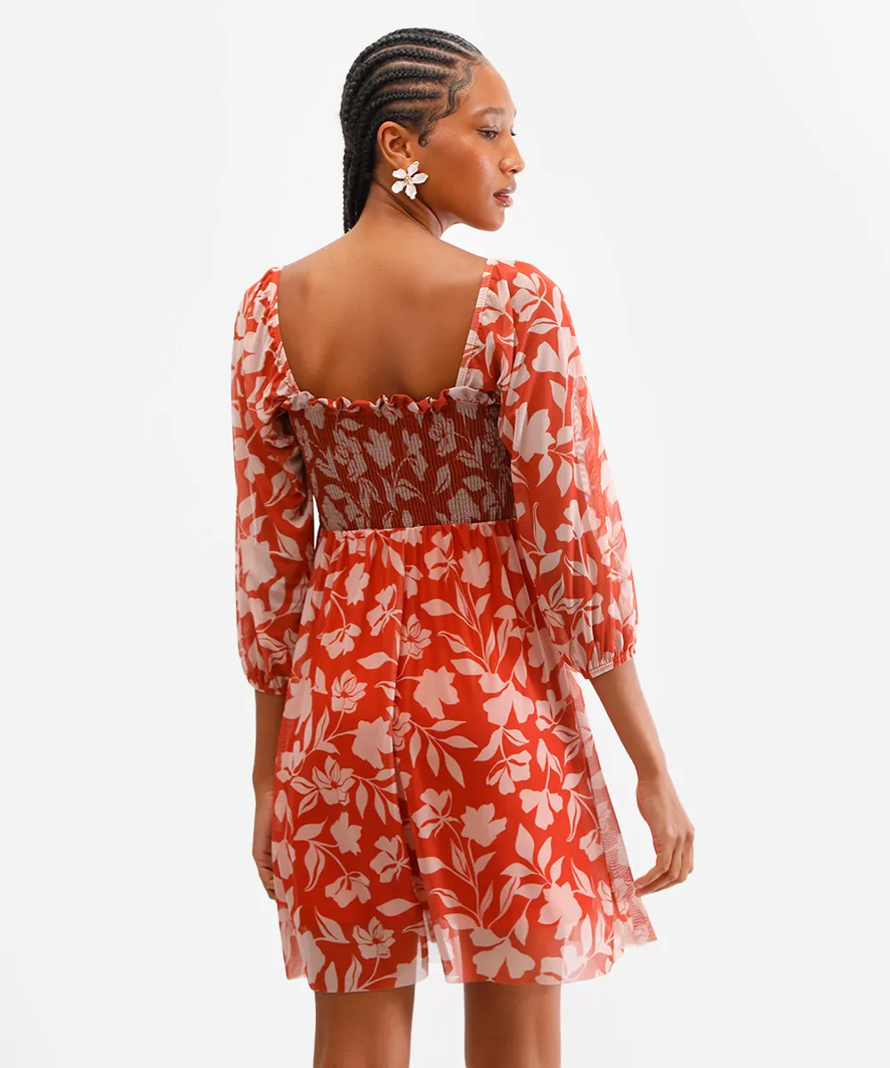 vestido curto feminino de tule manga bufante floral laranja — foto 3