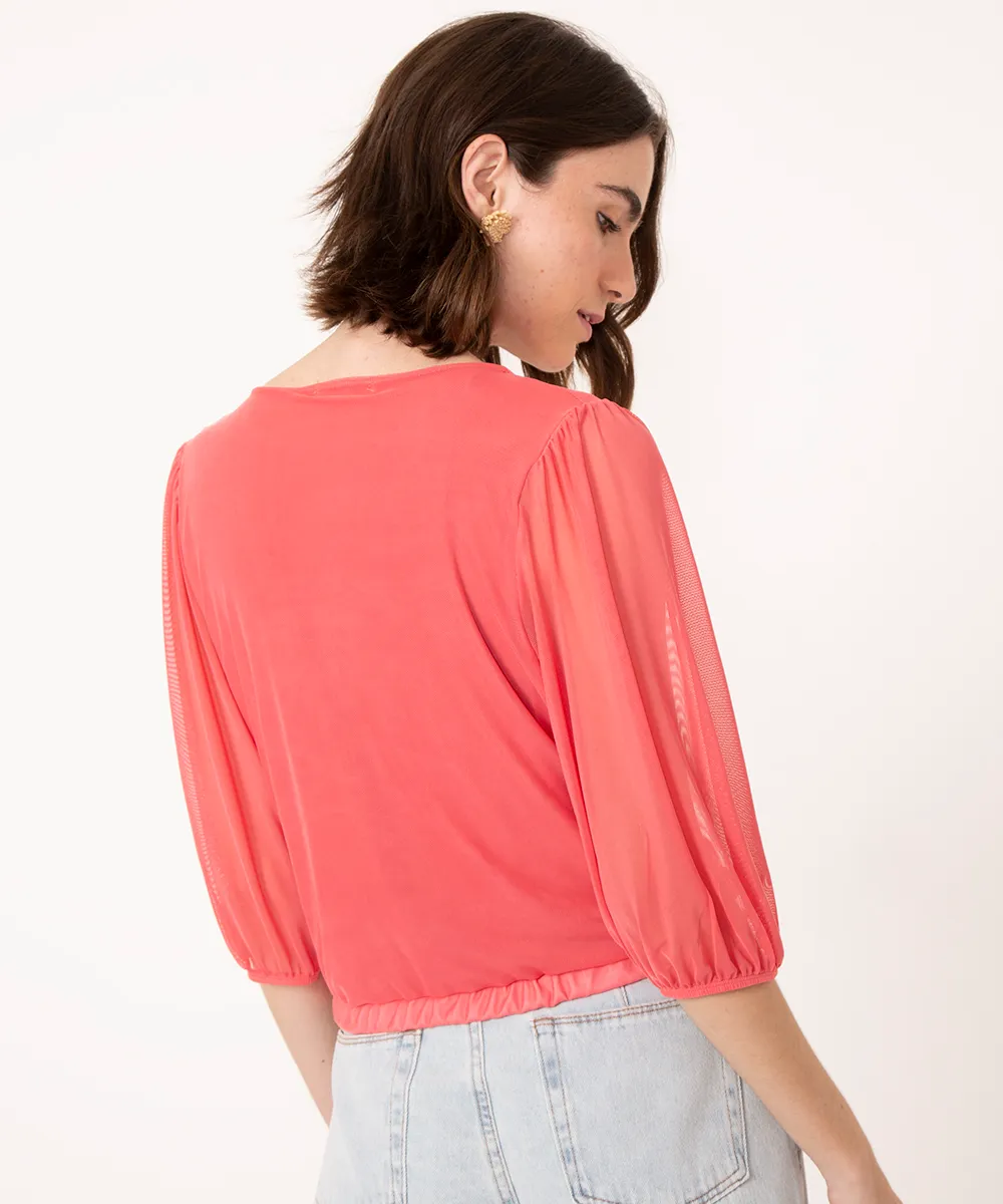 blusa de tule decote v transpassado manga bufante coral — foto 2