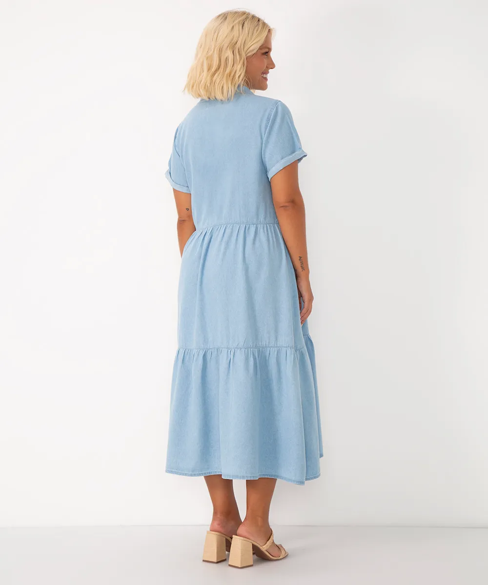 vestido midi jeans com recortes manga curta azul claro — foto 2