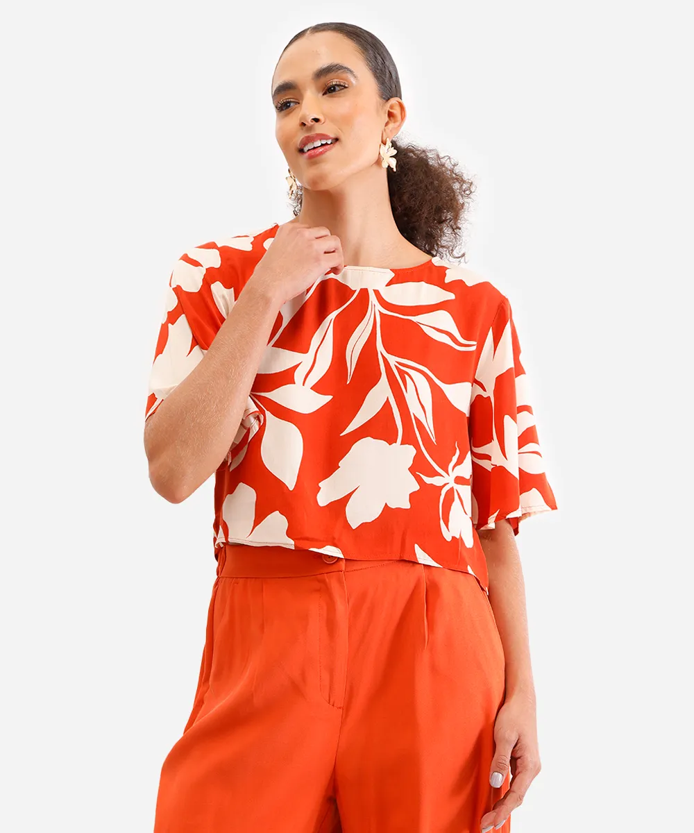 blusa feminina de viscose floral manga curta laranja — foto 4