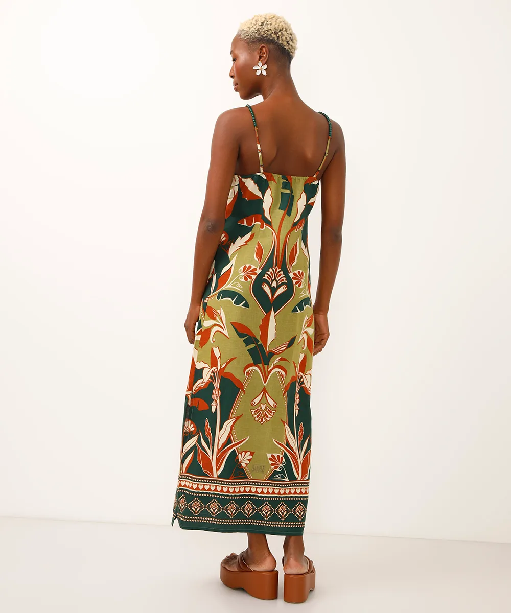 vestido midi alça fina folhagem e arabesco verde — foto 2