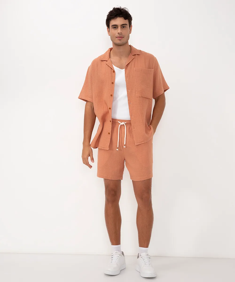 bermuda texturizada com cordão e bolsos laranja — foto 2