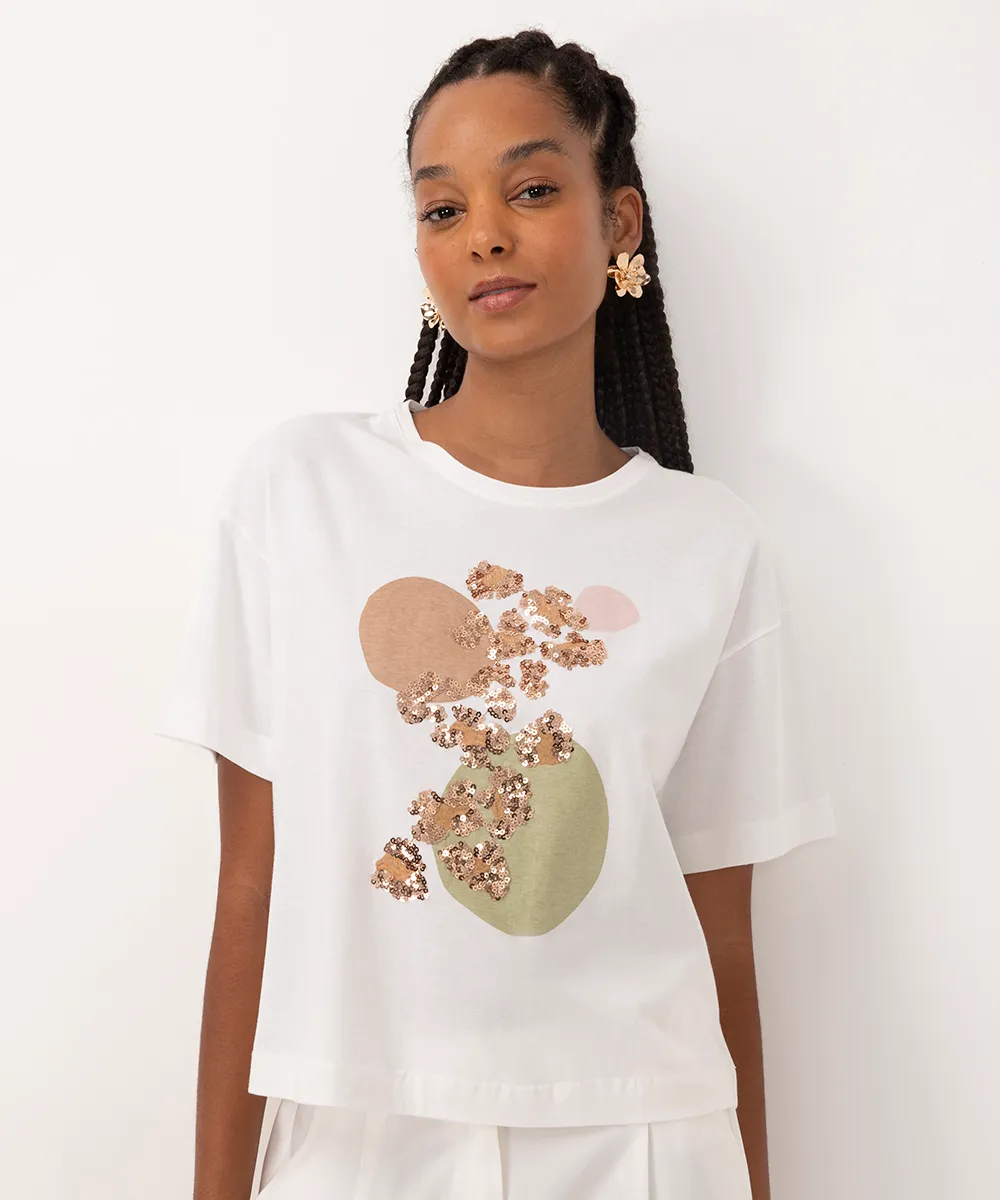 camiseta de algodão animal print paetê off white