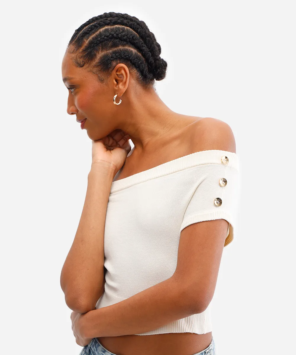 cropped feminino de tricot ombro a ombro off white — foto 4