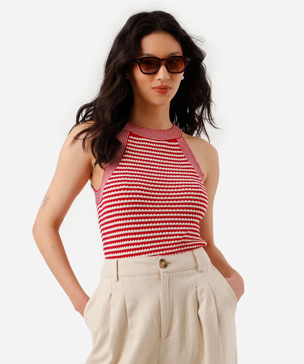 blusa halterneck feminina de tricot listrada texturizada rosa — foto 5