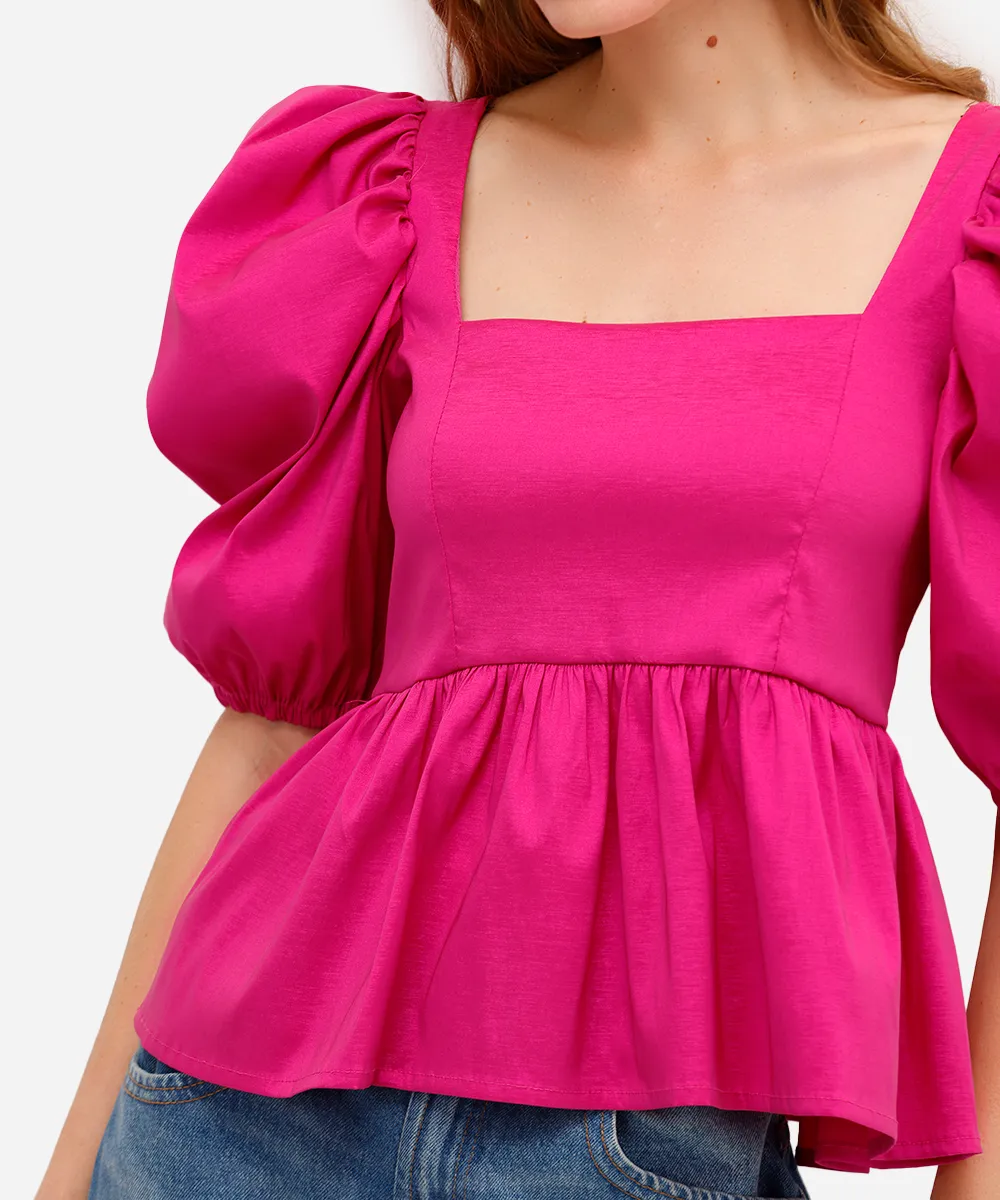 blusa peplum feminina manga bufante rosa — foto 4